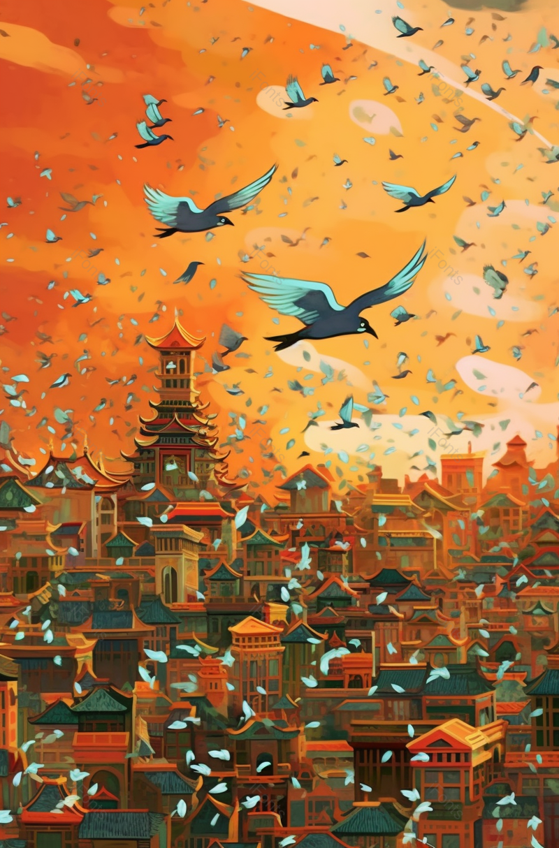 古迹建筑群红色国潮风大气插画,插画/手绘图,插画/手绘图库,插画/手绘图下载,插画/手绘